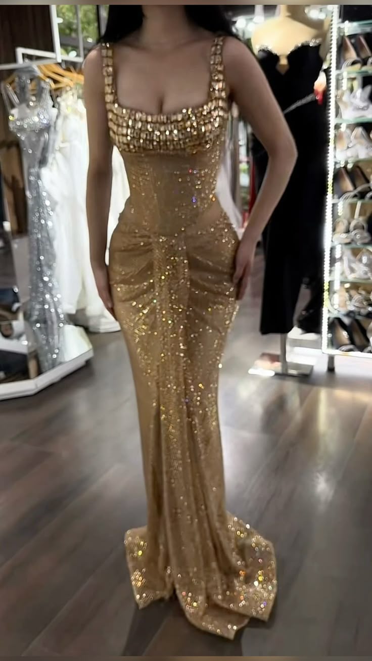 Glitzerndes Meerjungfrauenkleid mit eckigem Ausschnitt, goldenen Pailletten und goldenen Perlen – Inspiration für formelle Partykleider, lange Ballkleider AB1732