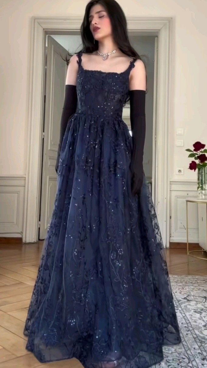 Unique A line Spaghetti Straps Navy Blue Long Prom Dresses Dark Blue Lace Formal Gown Inspo Evening Outfit AB717