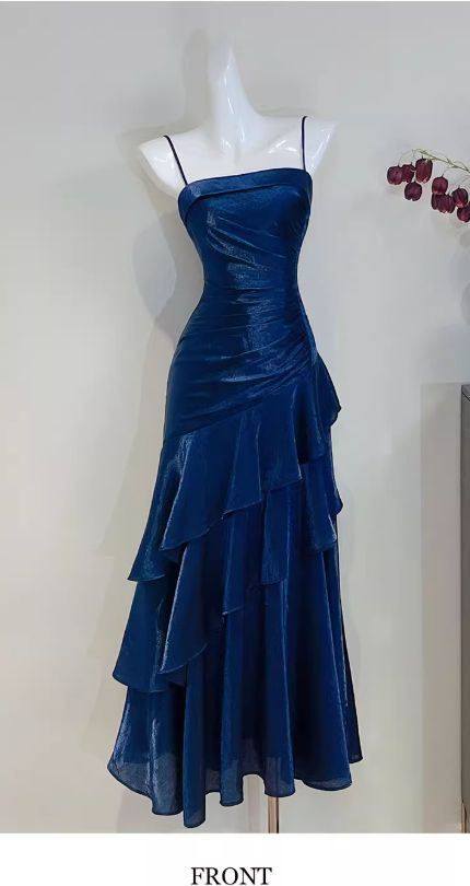Meerjungfrauen-Satin-Abendkleid mit Spaghettiträgern in Königsblau, langes Ballkleid, formelles Abendkleid AB1825