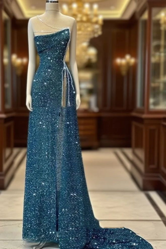 Wunderschönes, türkisfarbenes, figurbetontes, langes Maxikleid mit hohem Schlitz, AB925