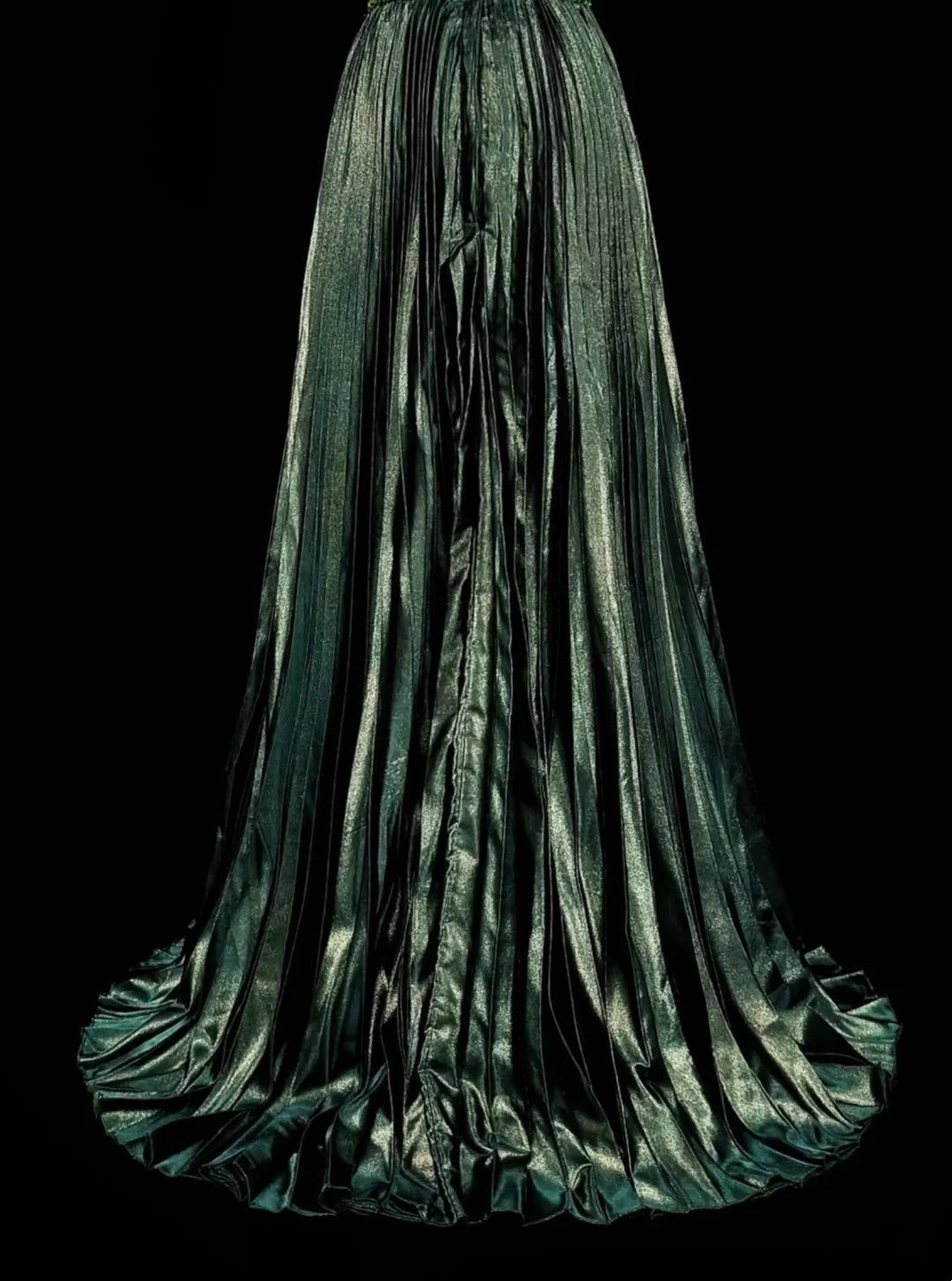 Vintage 1760er Jahre A-Linien-Halterkleid, dunkelgrün, ärmellos, plissiert, langes Ballkleid N1579