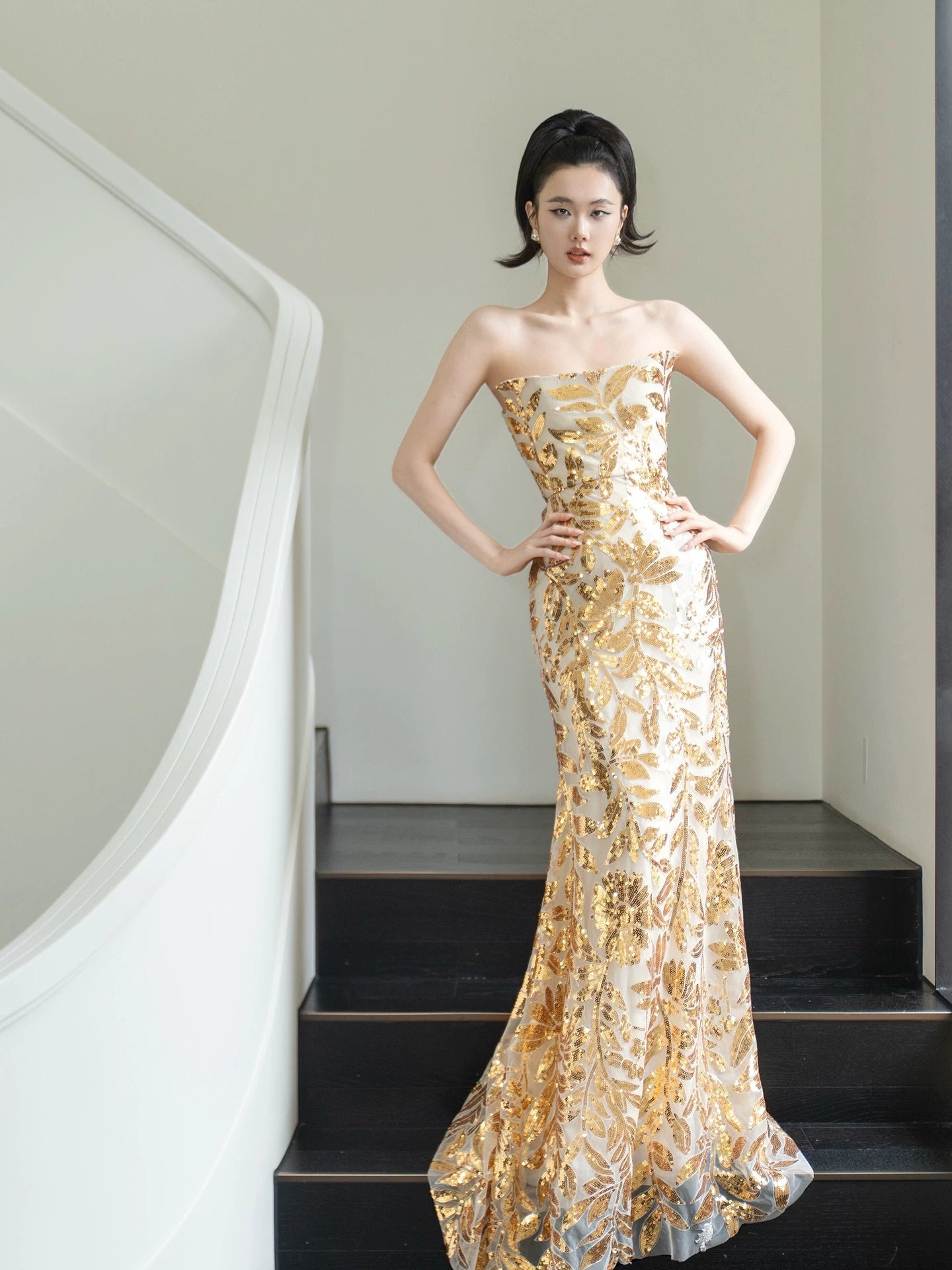 Robe de bal sirène dorée sans bretelles à paillettes, inspiration pour une longue soirée, tenue pour un 18e anniversaire AB2220