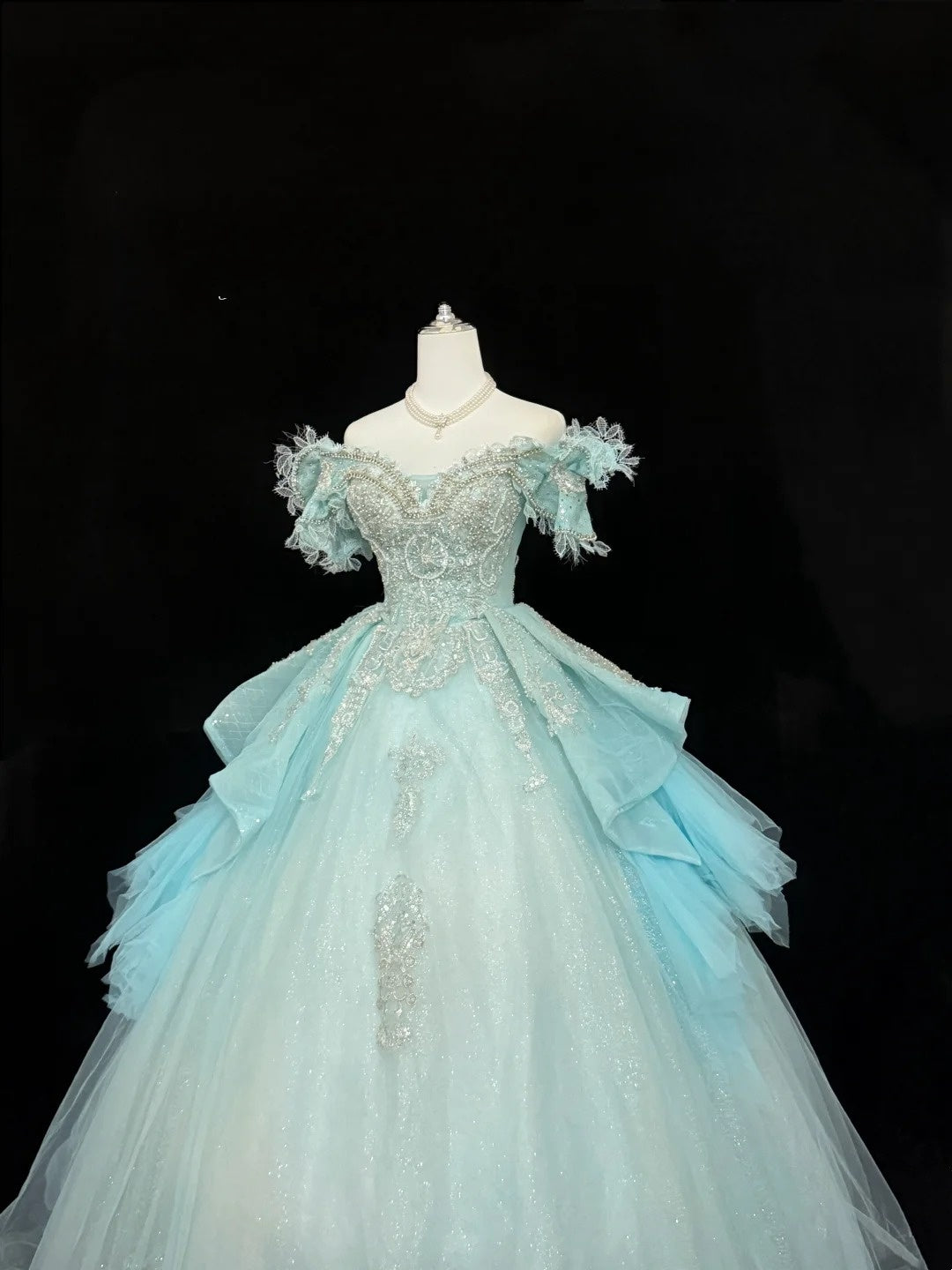 Sweet 15 Quinceanera Dress Ball Gown Off Shoulder Blue With Lace Appliques Tulle 15th Birthday Gown RC0261