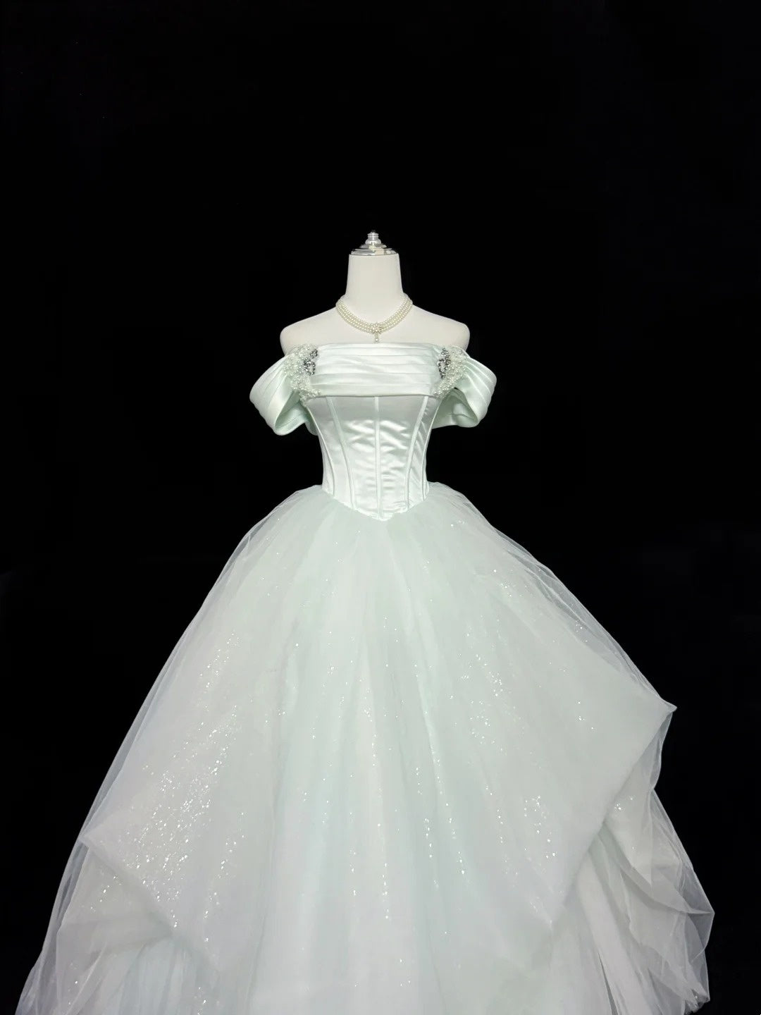 Prom Dress Long Floor Length Ball Gown Off Shoulder Tulle Sage Green With Sleeves Formal Evening Gown For Women RC0305
