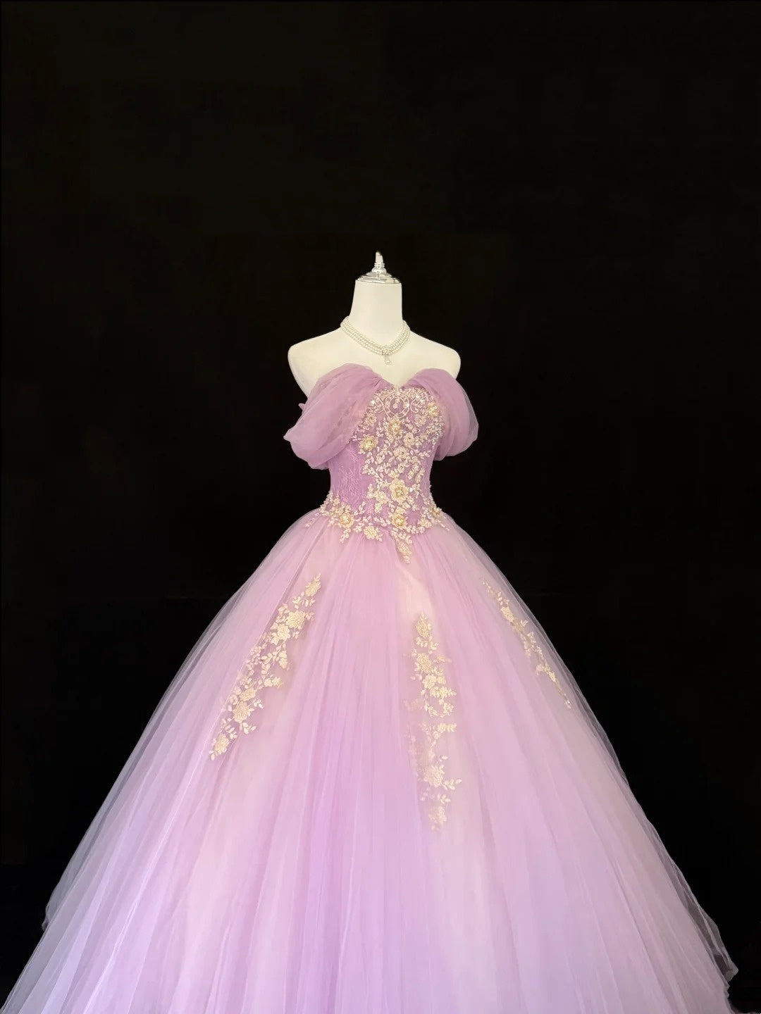 Tulle Prom Dress Long Floor Length Ball Gown Off Shoulder Lilac With Sleeves Lace Formal Evening Gown For Women RC0266