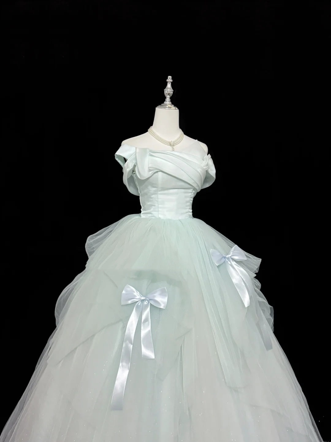 Tulle Prom Dress Long Floor Length Ball Gown Off Shoulder Mint Green With Bow-knot Formal Evening Gown For Women RC0248