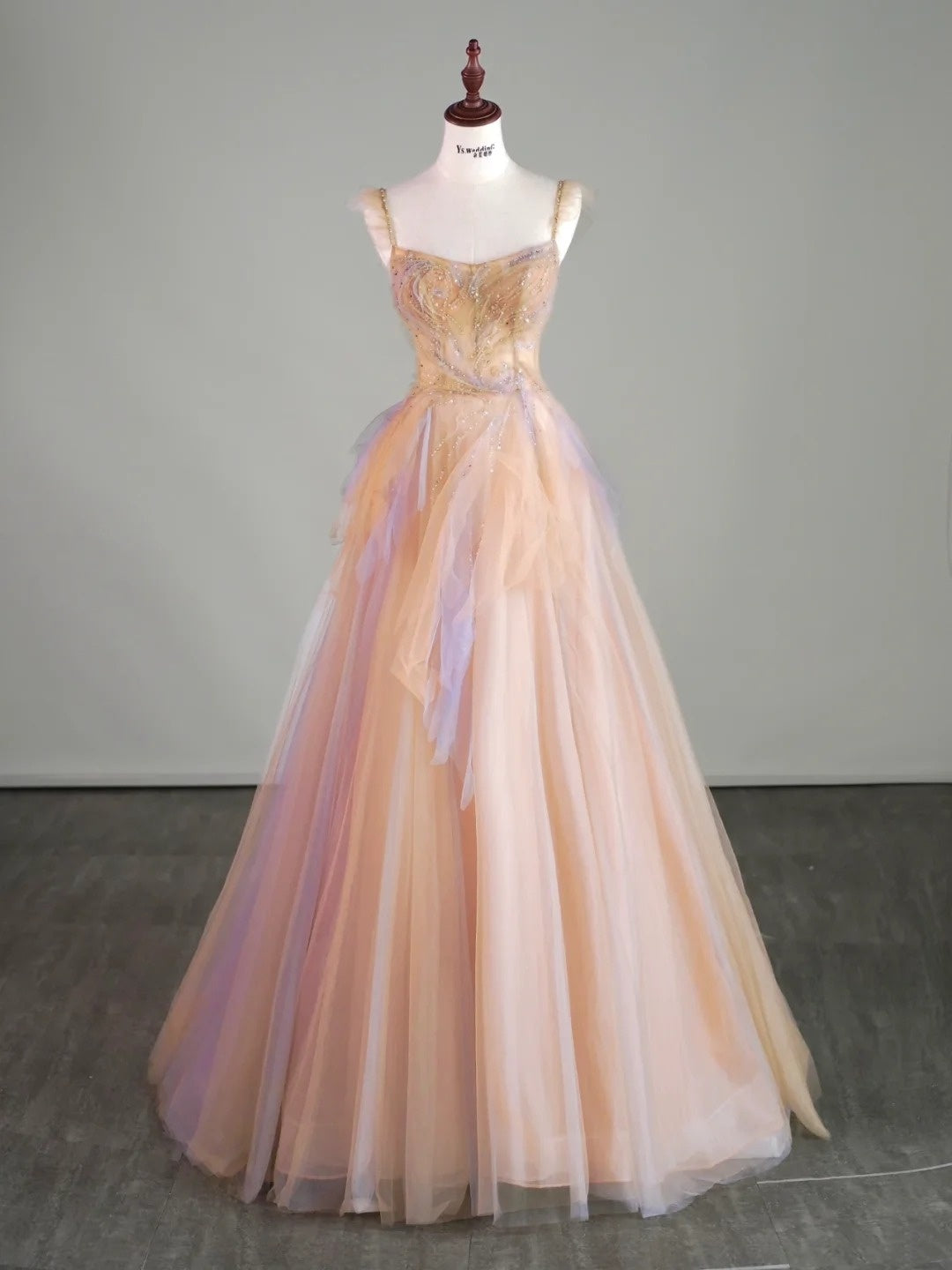 Superbes Robes de Bal de Promo Bretelles Fines en Tulle Rose Longue Robe de Soirée N2489
