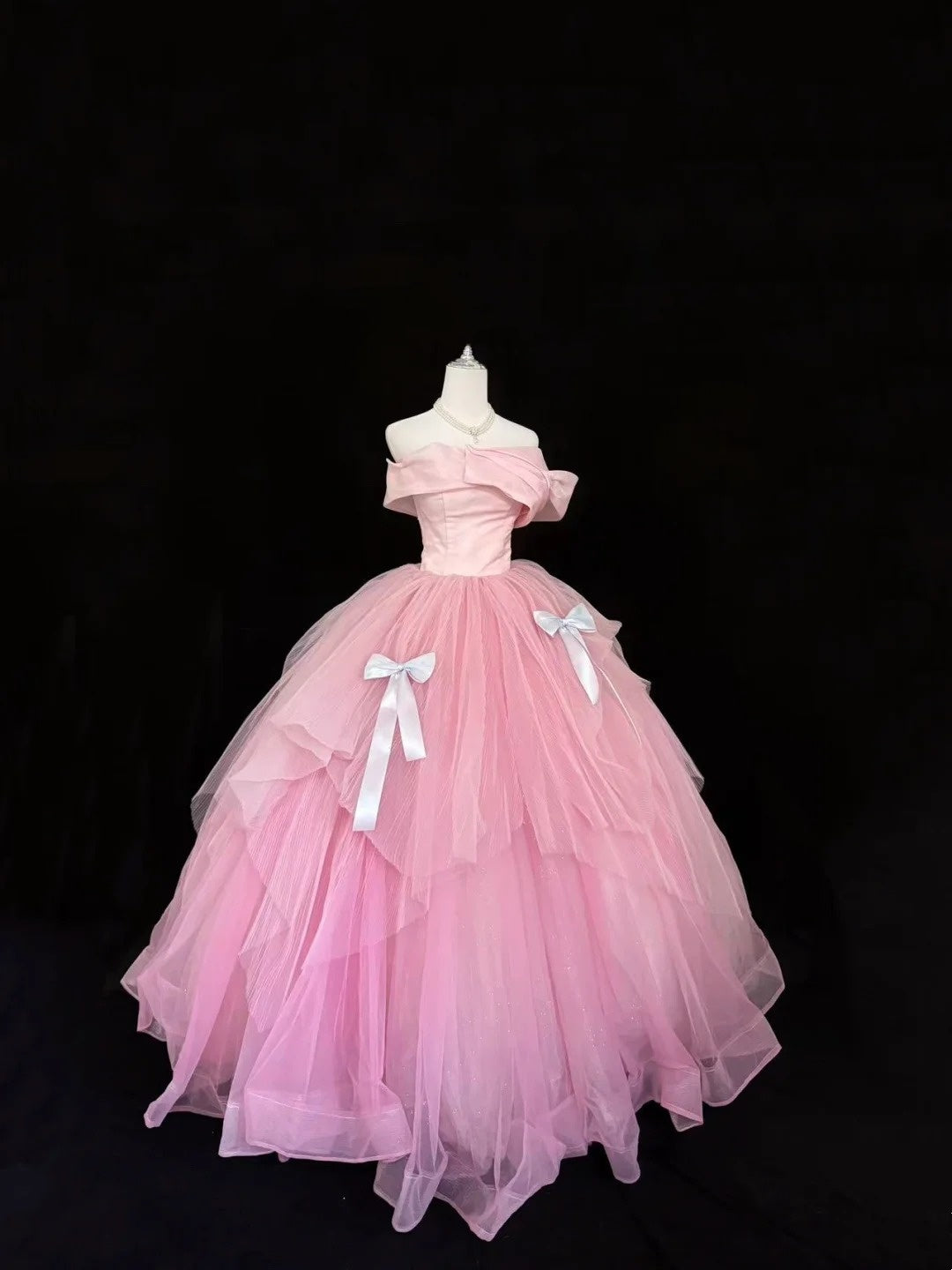 Sweet 16 Dresses Long Ball Gown Off Shoulder With Sleeves Pink Tulle Sweet Sixteen Birthday Gown RC0360