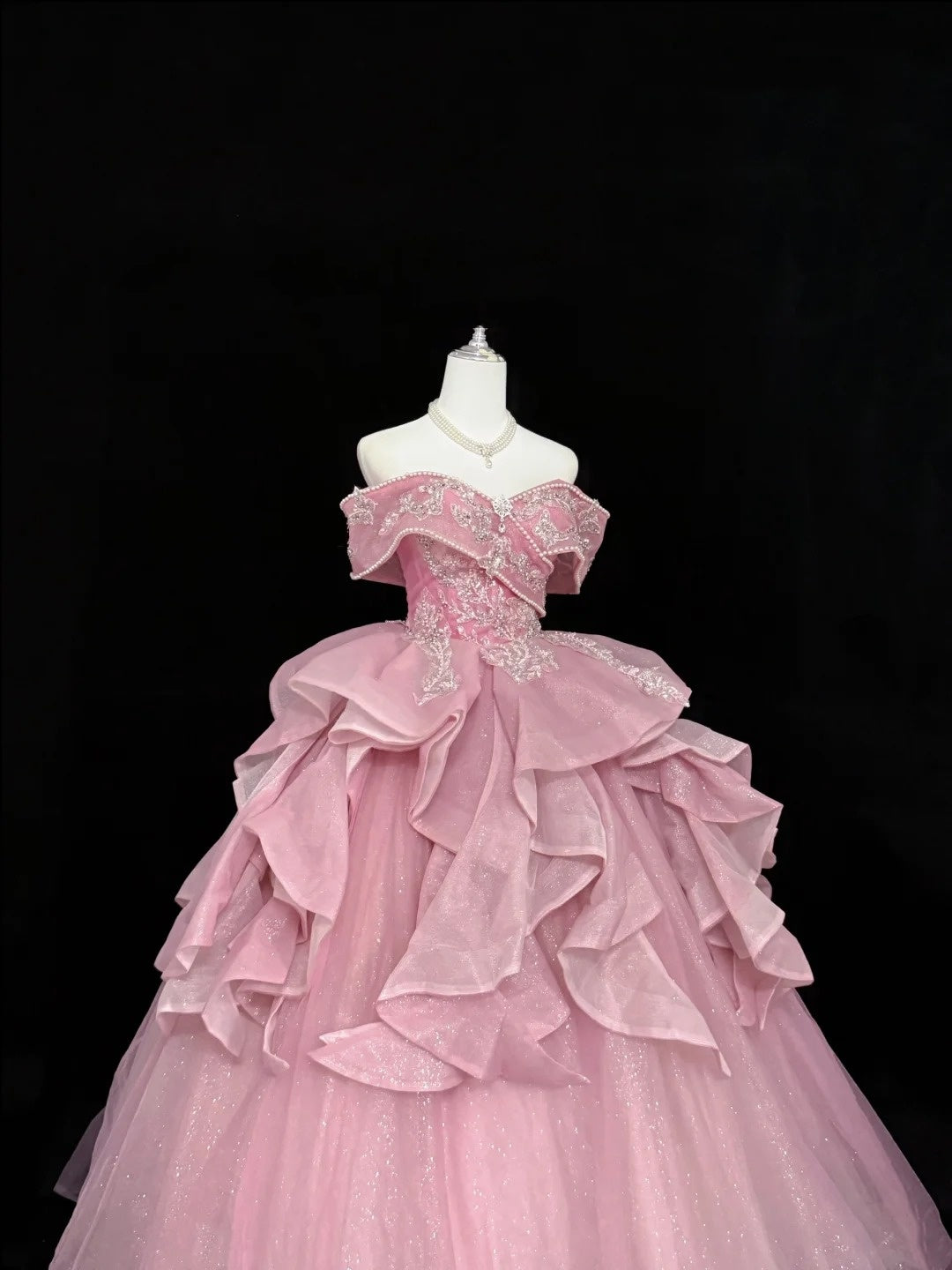 Tulle Prom Dress Long Floor Length Ball Gown Off Shoulder Pink With Sleeves Lace Formal Evening Gown For Women RC0267