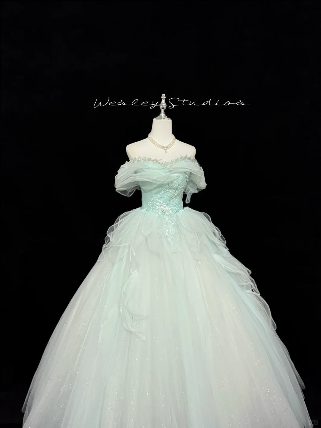 Tulle Prom Dress Long Floor Length Ball Gown Off Shoulder Mint Green With Sleeves Formal Evening Gown For Women RC0276