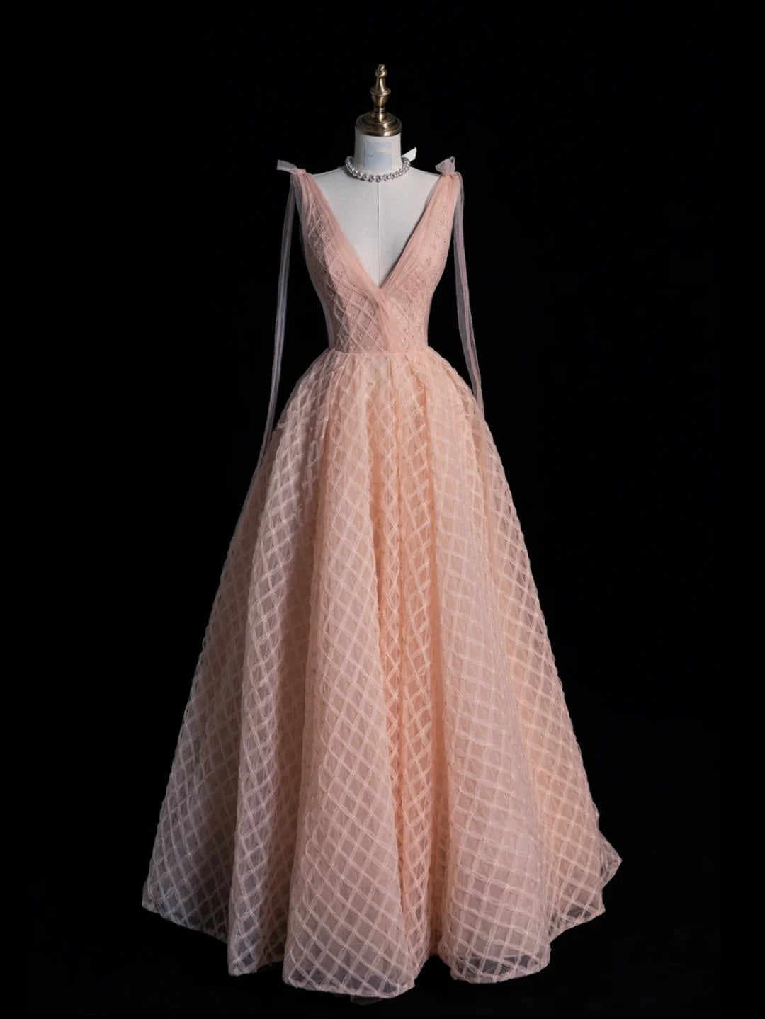 Robe de bal sobre en tulle rose à col en V, longue robe de soirée formelle, robe de bal de fin d'année N749