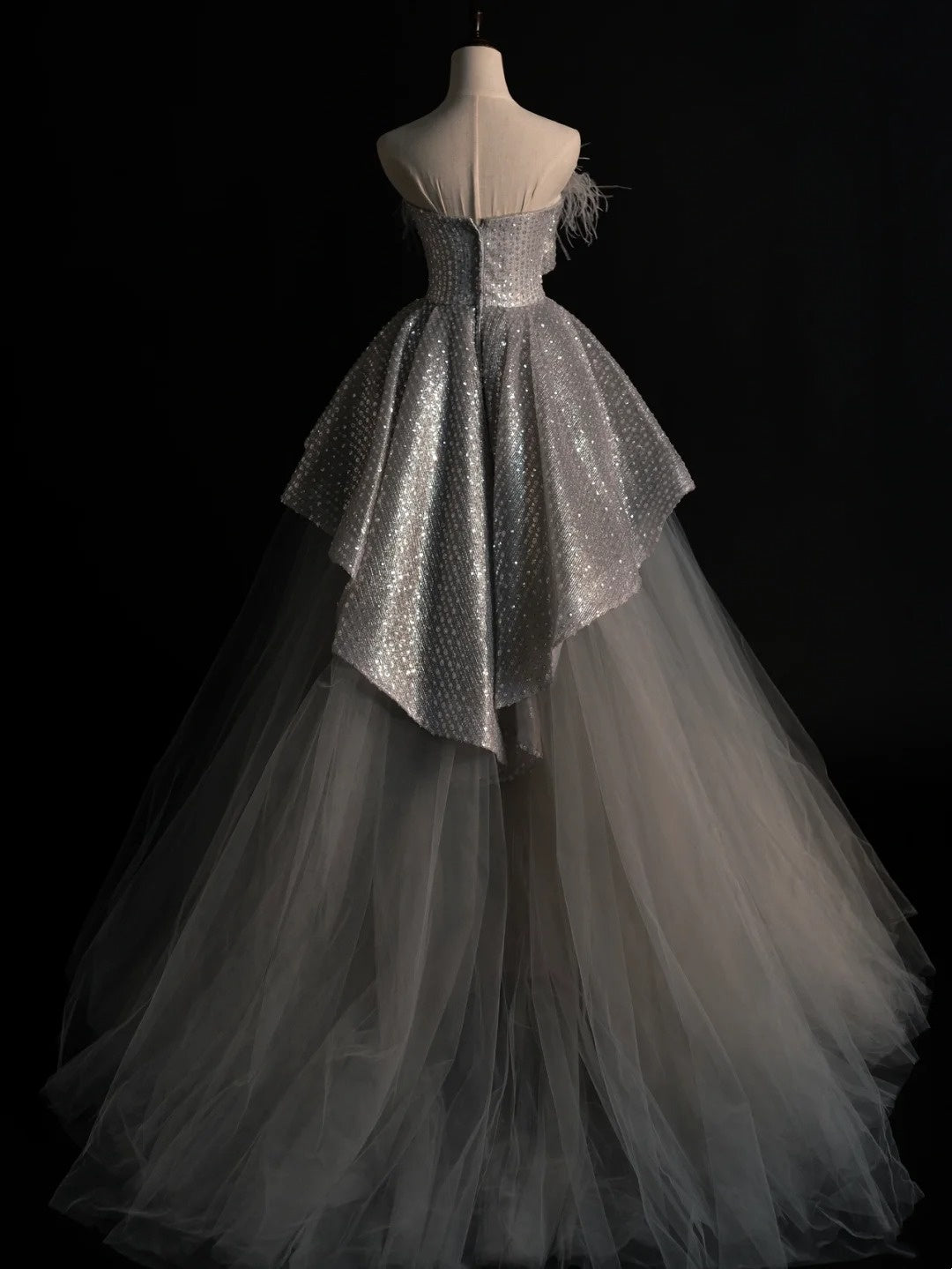 Elegantes, trägerloses, langes Pailletten-Abendkleid aus grauem Tüll für Teenager-Mädchen, formelles Brautjungfernkleid N1069