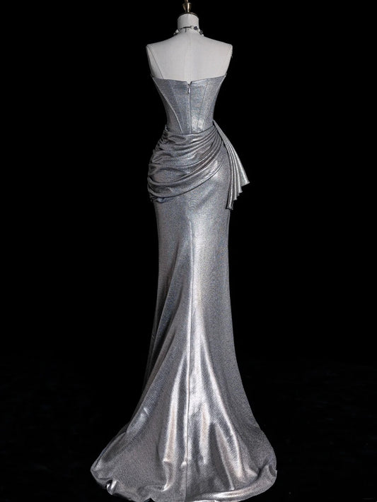 Verspieltes, trägerloses Meerjungfrauen-Abendkleid in Silbergrau mit Pailletten und Faltenrock, langes Kleid für festliche Anlässe, N611