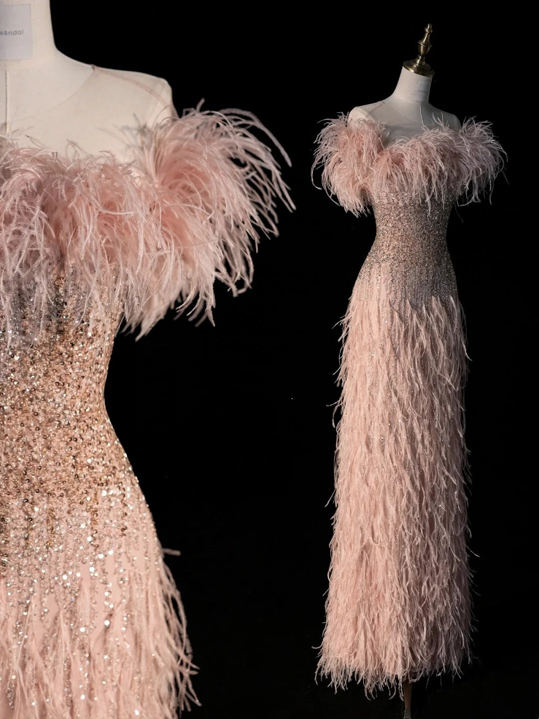 Robe de bal fourreau rose modeste sans bretelles ornée de plumes et de sequins - Inspiration robe de soirée princesse N1275
