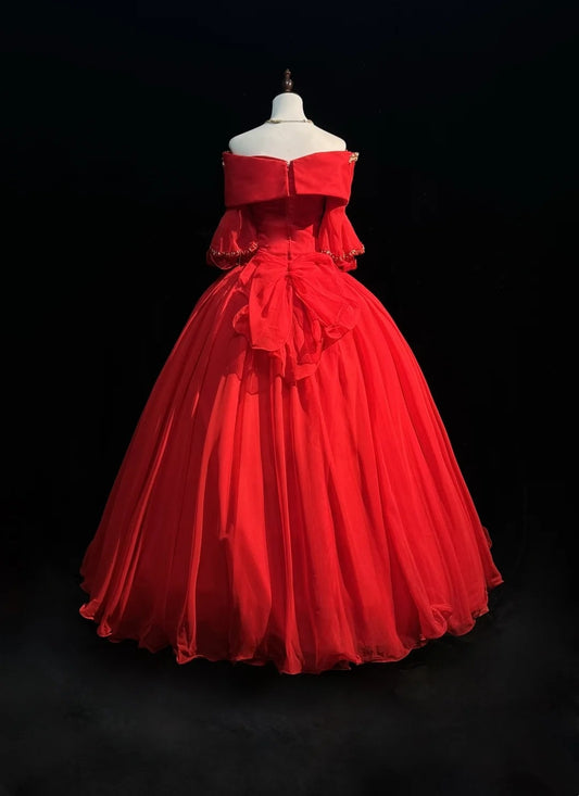 Bescheidene Ballkleider für den Abschlussball, schulterfrei, roter Tüll mit Ärmeln, langes Quinceañera-Kleid N3292