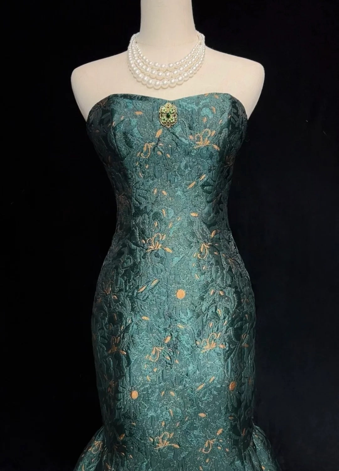 Robes de bal élégantes sirène bustier vert foncé longueur ras du sol dentelle satin robe de soirée N3707