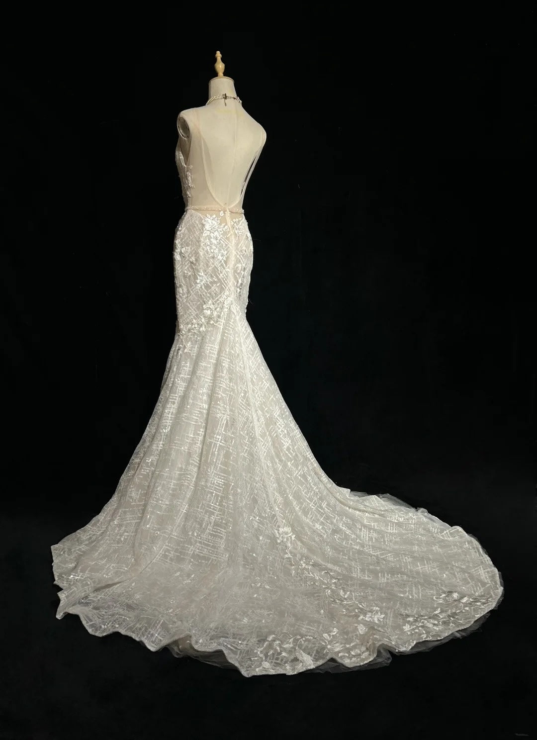 Sparkly Wedding Dresses Mermaid V Neck Ivory Lace Long Brides Dress Bridal Gown N2930