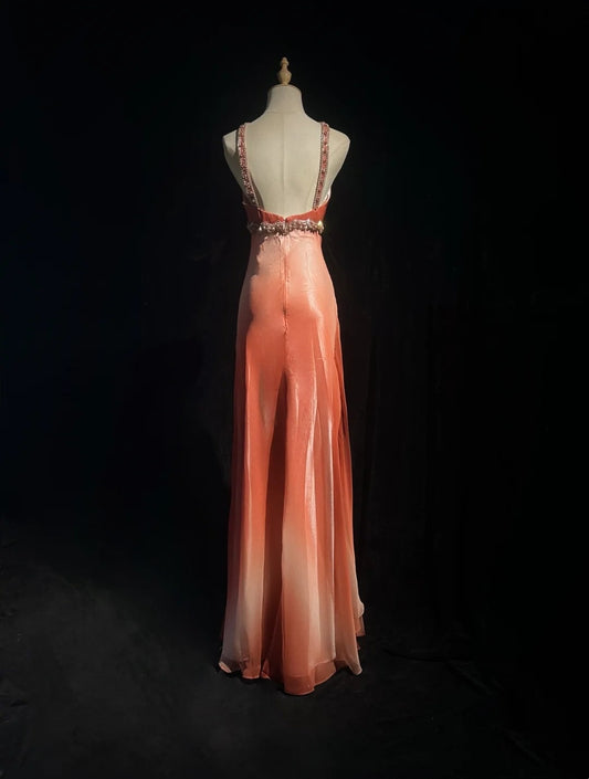 Vintage Y2K Meerjungfrau 2000er Orange Ombre Abendkleid Farbverlauf Neckholder Abendkleid Ballkleid N2569