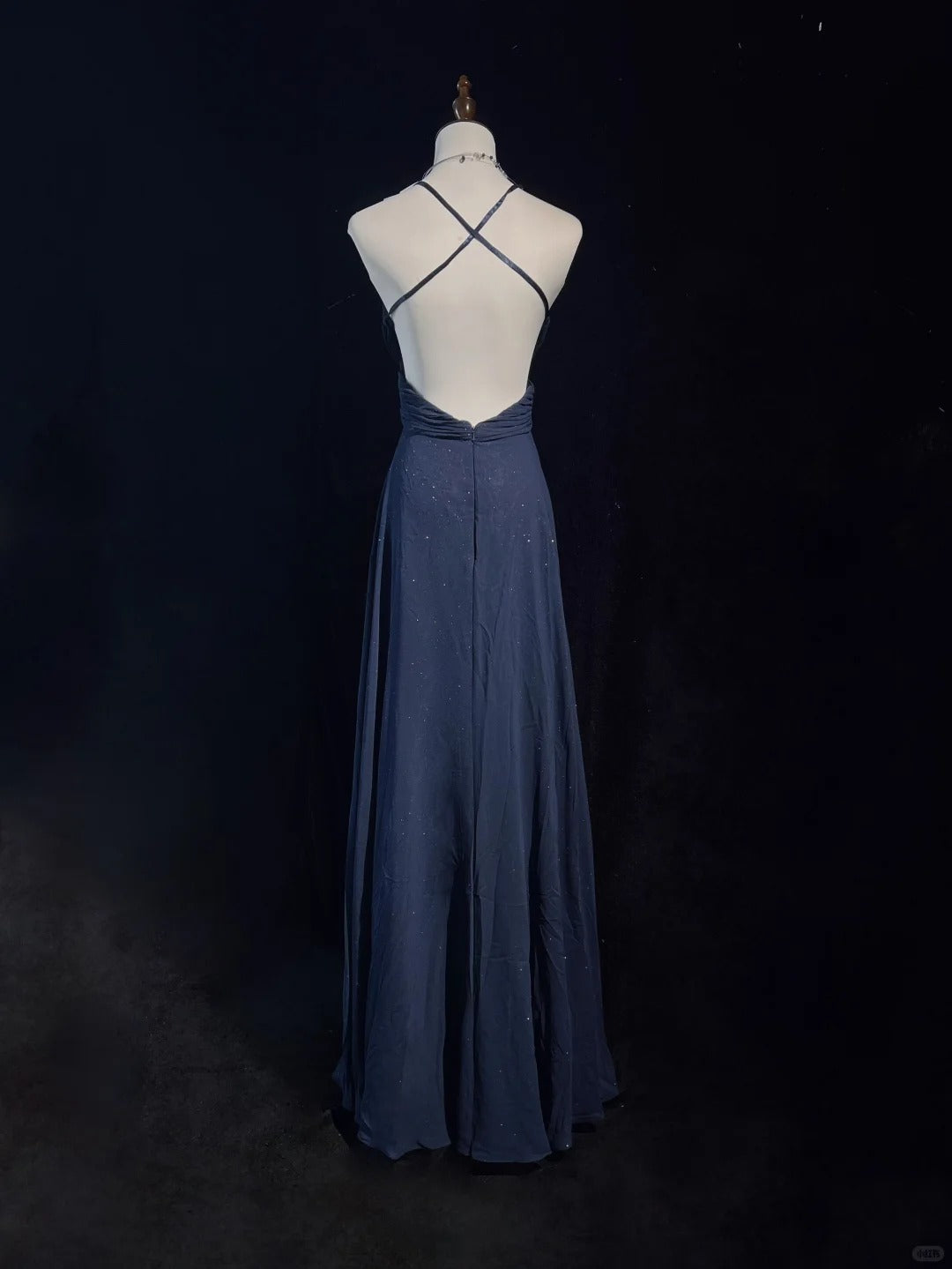 Robes de bal vintage des années 90, ligne A, bretelles spaghetti, bleu marine, à paillettes, dos nu, longues tenues de soirée N3141