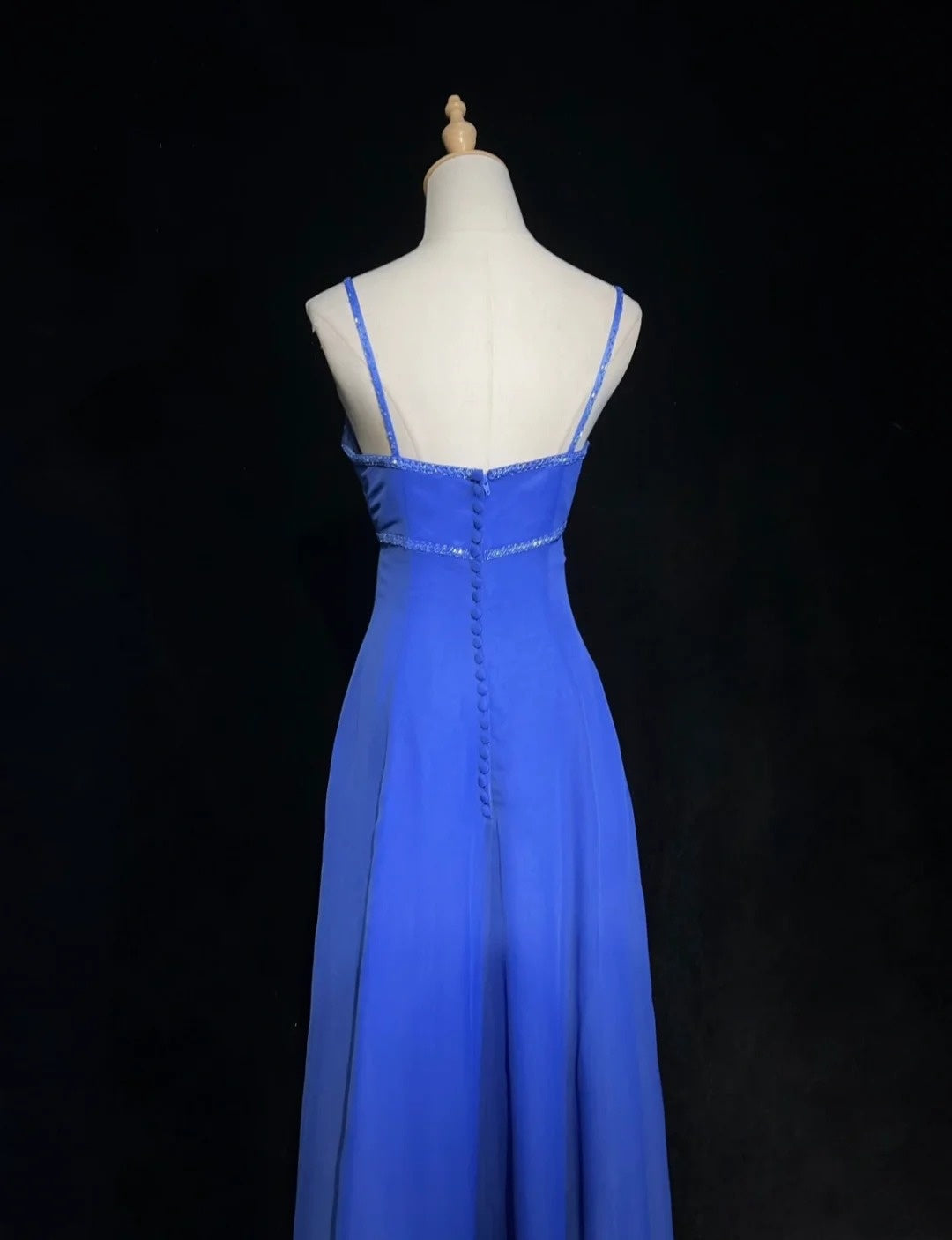 Hübsche Ballkleider A-Linie Spaghettiträger Königsblau Chiffon mit Perlen Lang Festliches Kleid N3002