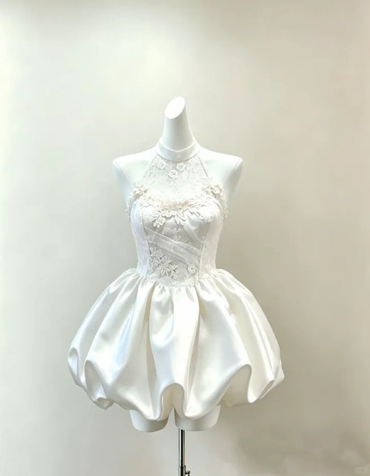 Elegant Ball Gown Halter White Satin Lace Mini Short Cocktail Gown Homecoming Dresses Ideas Hoco Outfits RB4836