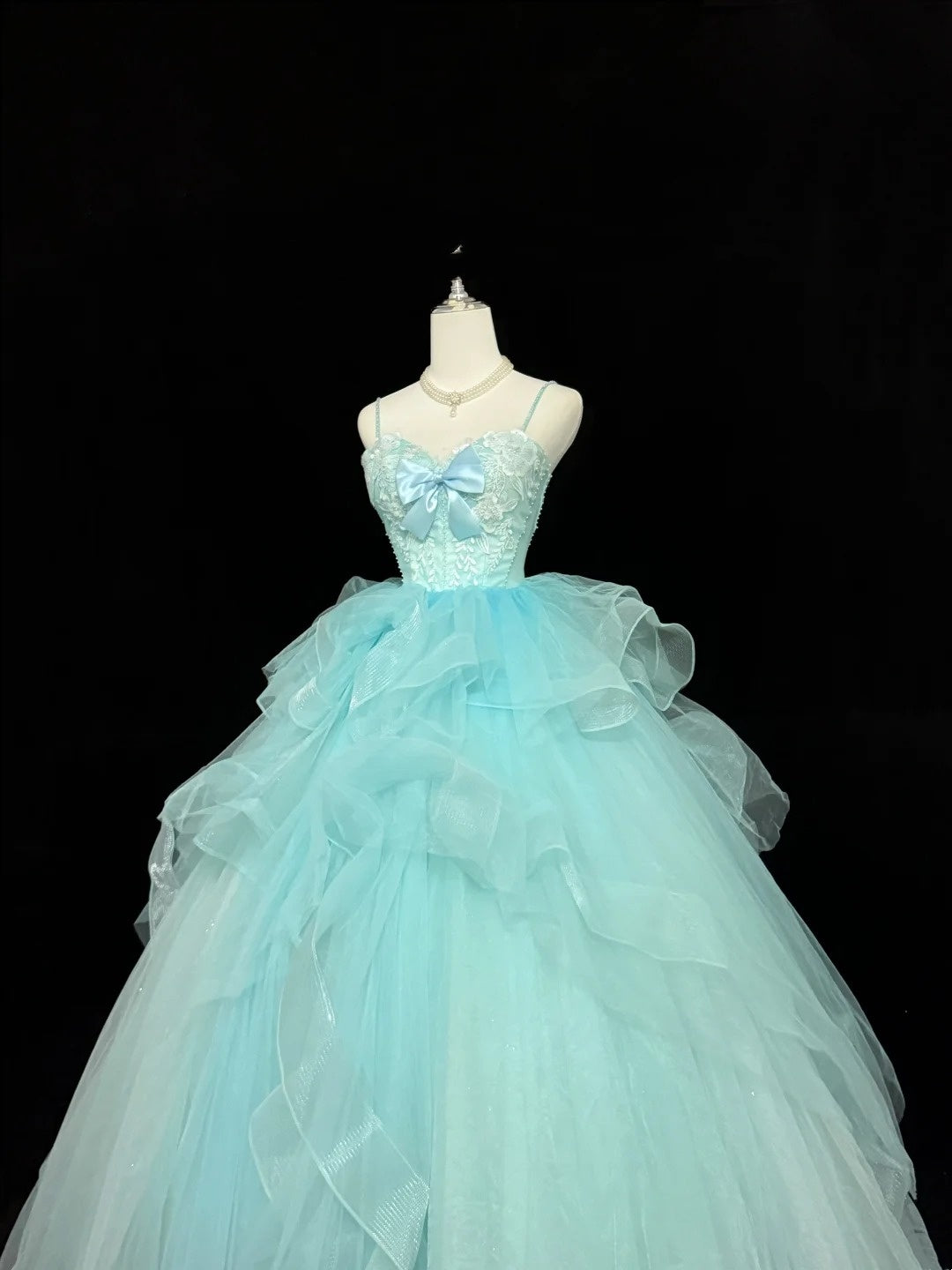 Sweet 15 Quinceanera Dress Ball Gown Spaghetti Straps Blue With Bow-knot Tulle 15th Birthday Gown RC0247