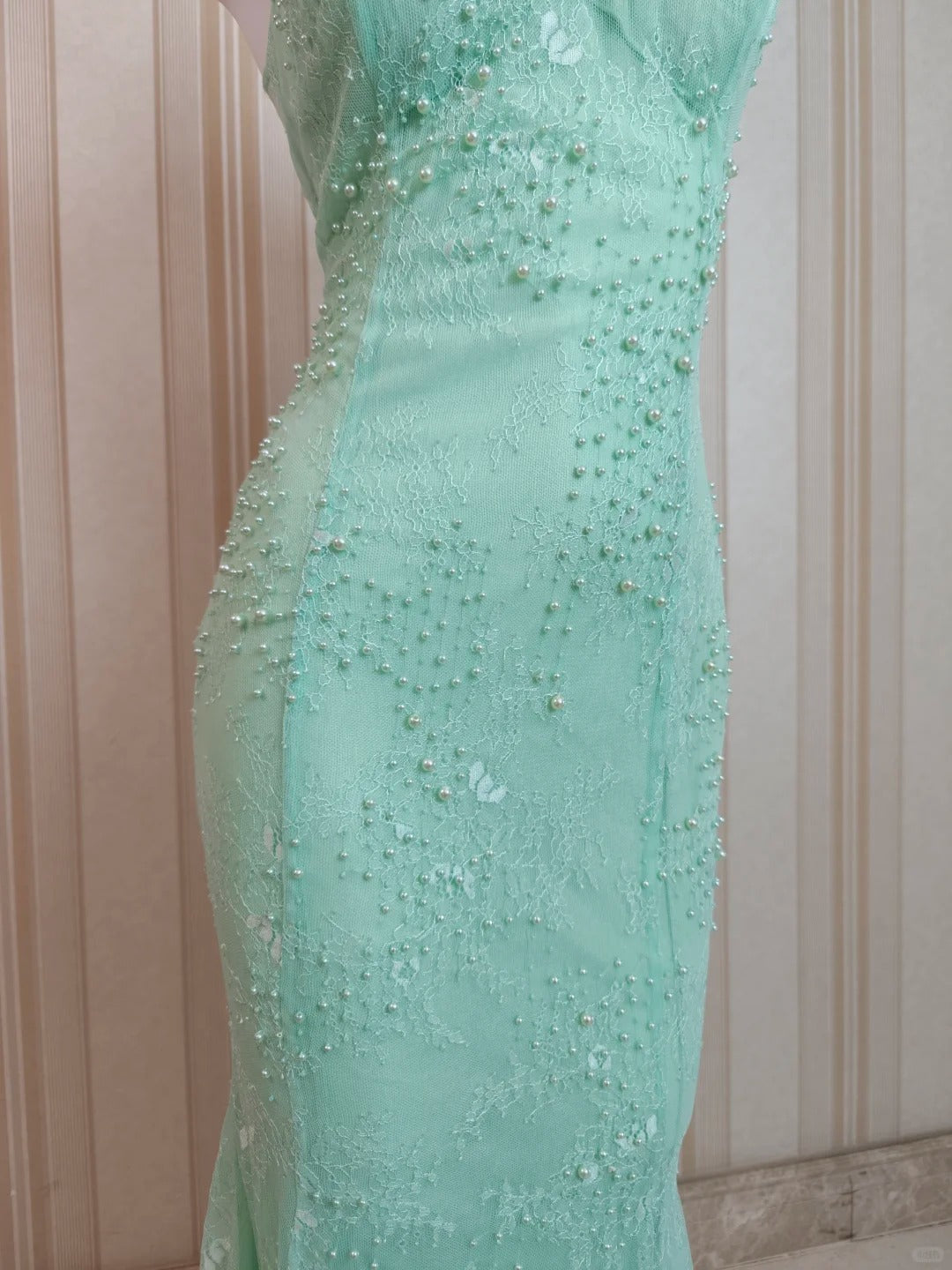 Modest Mermaid High Neck Mint Green Lace Evening Dresses Night Date Prom Dress N4483