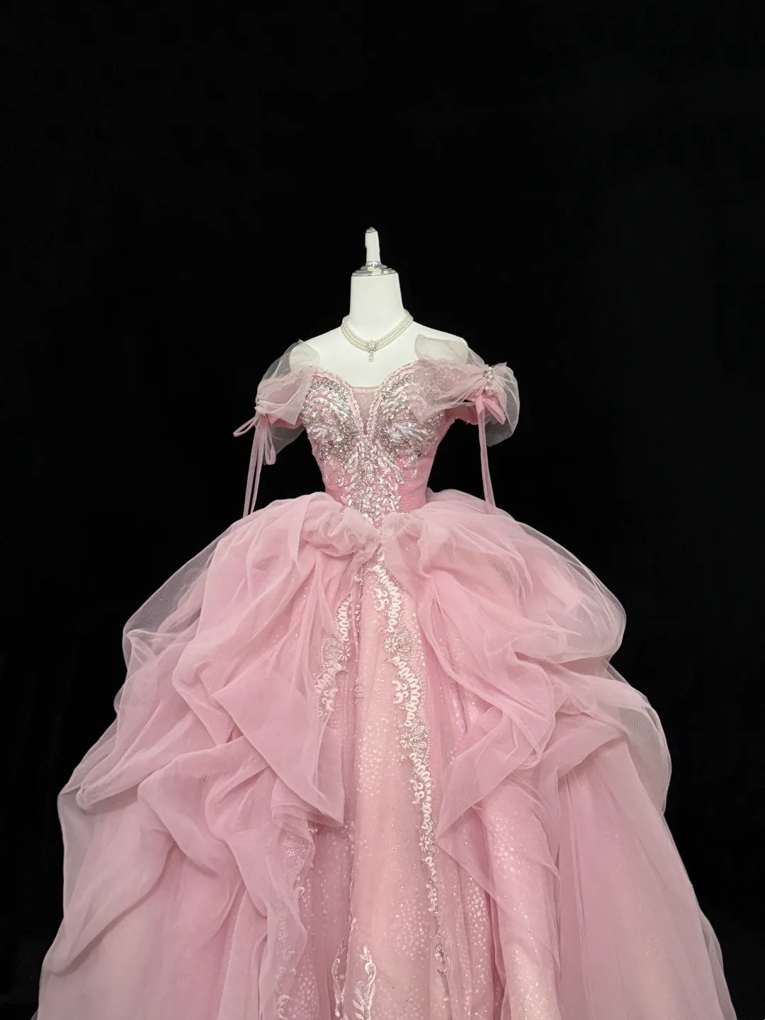 Pink Sweet 16 Dresses Long Ball Gown Off Shoulder With Ruffled Sequined Lace Sweet Sixteen Birthday Gown RC0235