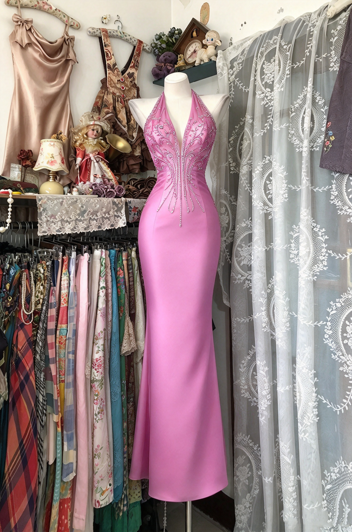Prom Dresses Inspiration Mermaid Halter Satin Pink With Beading Long Formal Party Gown 8th Grade Dress RC1241