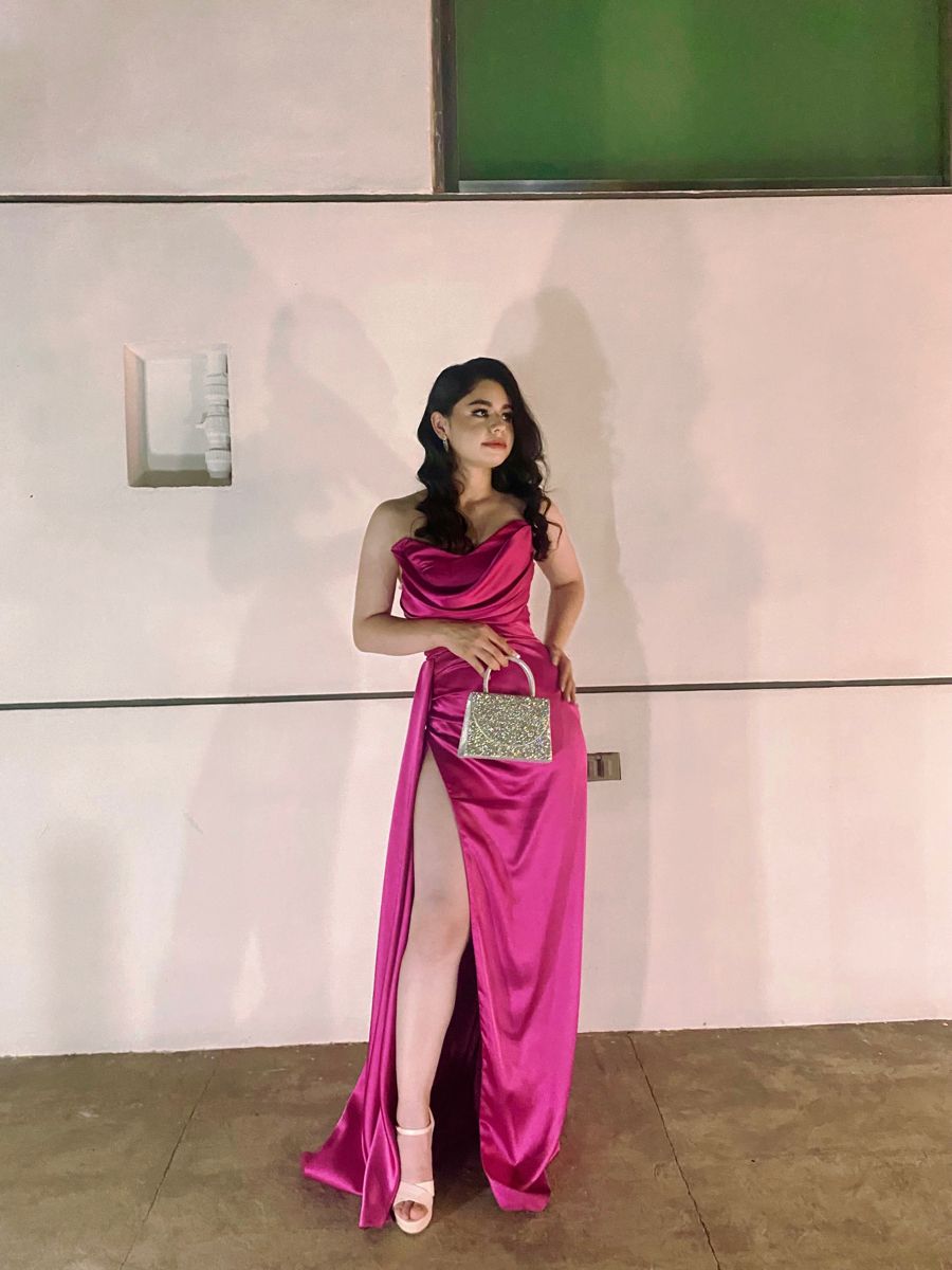 Attractive Sheath Strapless Hot Pink Slit Prom Dresses Senior Evening Dress Party Gowns AB369
