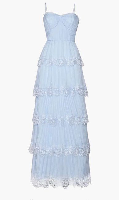 Robe de soirée en mousseline bleu ciel clair à fines bretelles, coupe trapèze, modèle AB1911