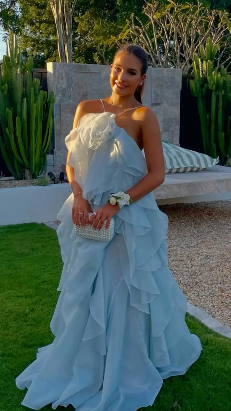 Blue Prom Dress A line Halter Chiffon Tiered Evening Party Semi Gala Formal Dress RC1522