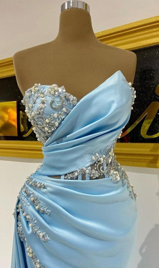Sexy Glitzer-Kleid Herz-Ausschnitt Ärmellos Blau Schlitz Ballkleider Meerjungfrau Eng Anliegend Für Damen N4064