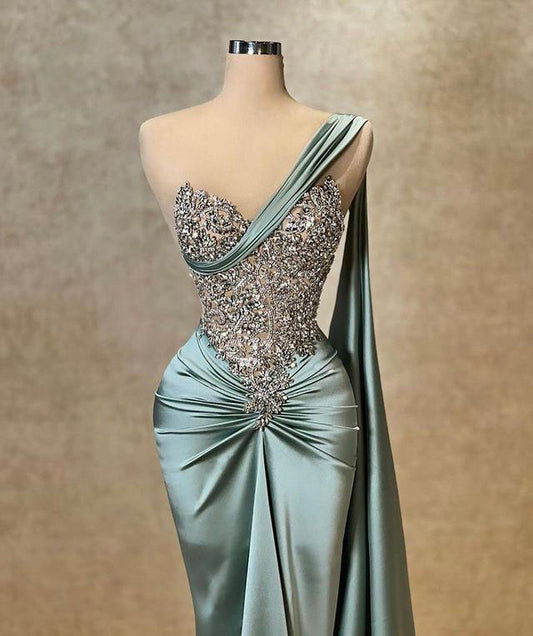 Sexy glitzerndes Abendkleid mit One-Shoulder-Träger, ärmellos, blau, Meerjungfrauen-Stil, figurbetont für Damen N4065
