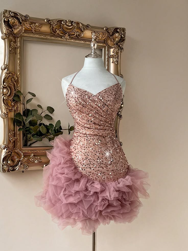 Unique Sheath Halter Pink Sequined Short/Mini Birthday Dress Homecoming Dresses Inspo Cocktail Hoco Outfits RB8710