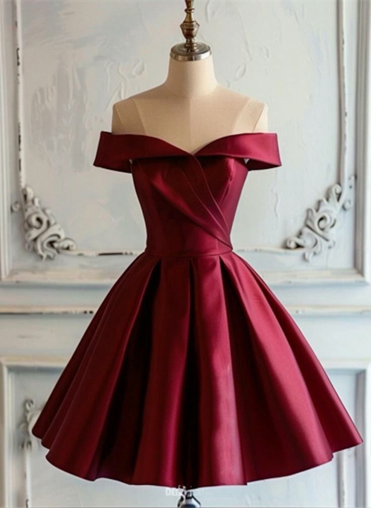 Vintage Ball Gown Off The Shoulder Burgundy Satin Short Birthday Dress Homecoming Dresses Inspo Cocktail Hoco Outfits RB8709