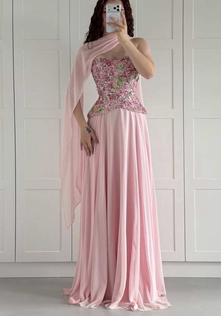 Modest Prom Dresses A Line Sweetheart Pink Chiffon With Scarf Floor Length Long Formal Dress RC1303