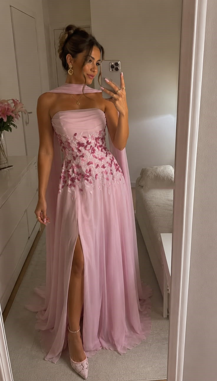 Modest Prom Dresses A Line Strapless Pink Chiffon With Scarf Floor Length Long Formal Dress RC1320