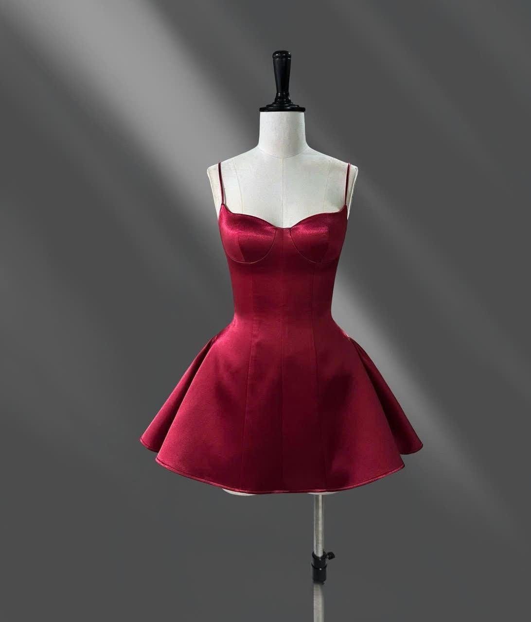 Robe de bal abordable en satin de Bourgogne, mini-robe de bal de promo courte, robe de cocktail, tenues d'anniversaire RB4186