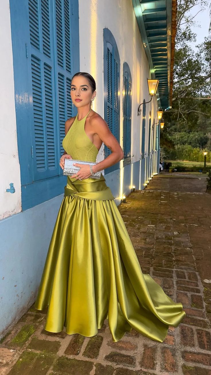 Halter Mermaid Prom Dresses Green Satin Inspiration Sleeveless Long Prom Dresses Formal Dress RC1473