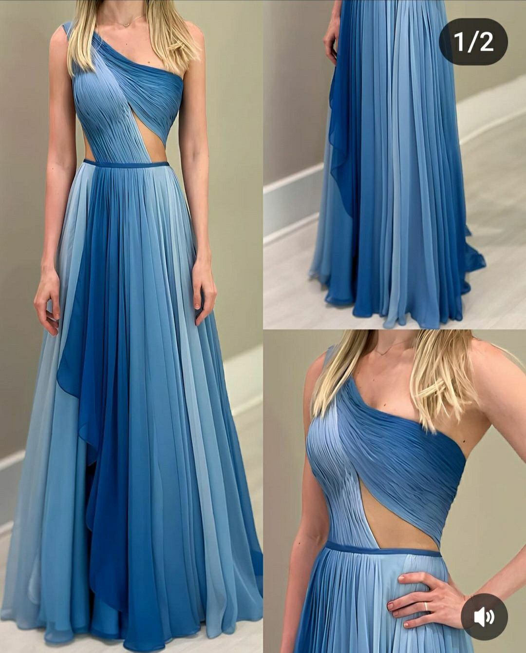 Elegantes, einseitig schulterfreies Chiffon-Abendkleid in verschiedenen Blautönen mit Ombré-Effekt, langes formelles Abendkleid AB390