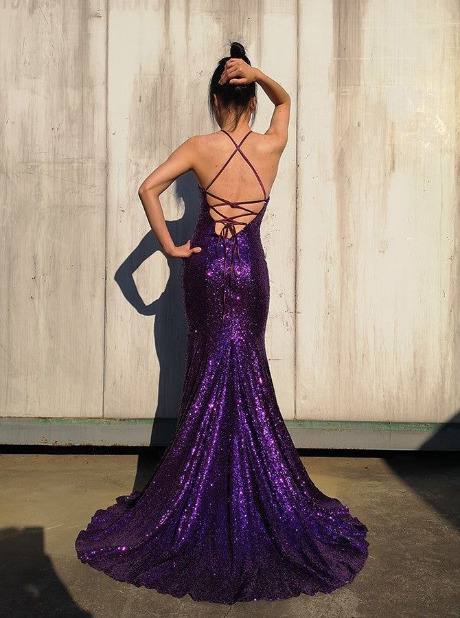 Sexy Mermaid Spaghetti Straps Grape Sequins With Slit Evening For Women Party Dresses Long Formal Prom Dresses 21st Birthday Gowns AB1434