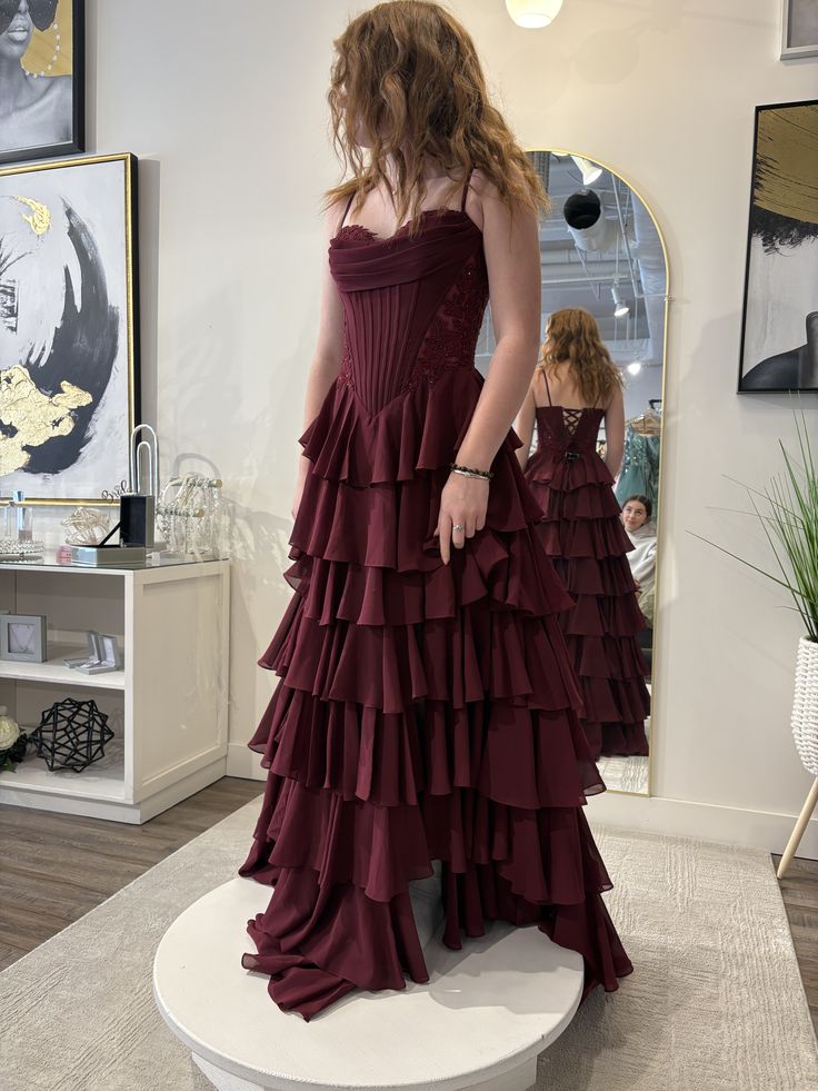 Classy A Line Spaghetti Strap Burgundy Chiffon Long Prom Dress Aesthetic For Teens Formal Dress Party Outfits Prom Gown AB1095