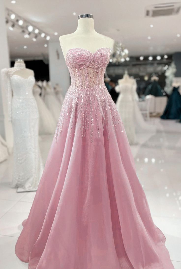 Robe de bal classique rose en tulle, bustier cœur, sans manches, ornée de volants perlés, robe de bal longue, tenue de soirée pour la remise des diplômes N026