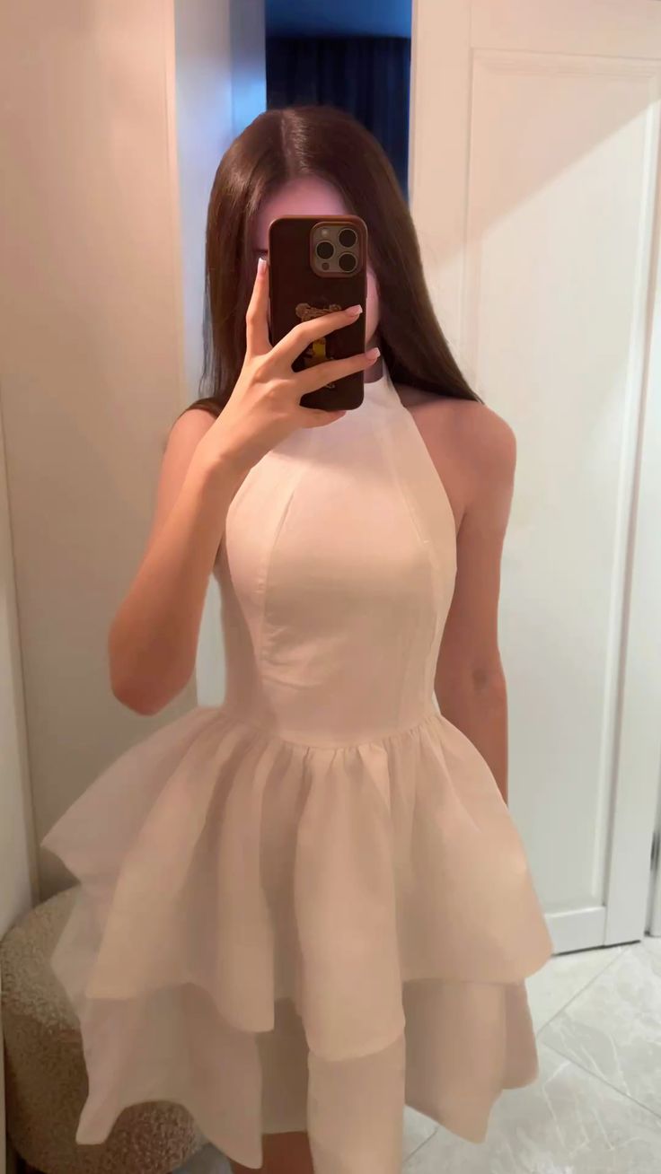 Minimalist A line High Neck White Sleeveless Semi-formal 12th Grad Short Inspo Homecoming Dresses RB4529