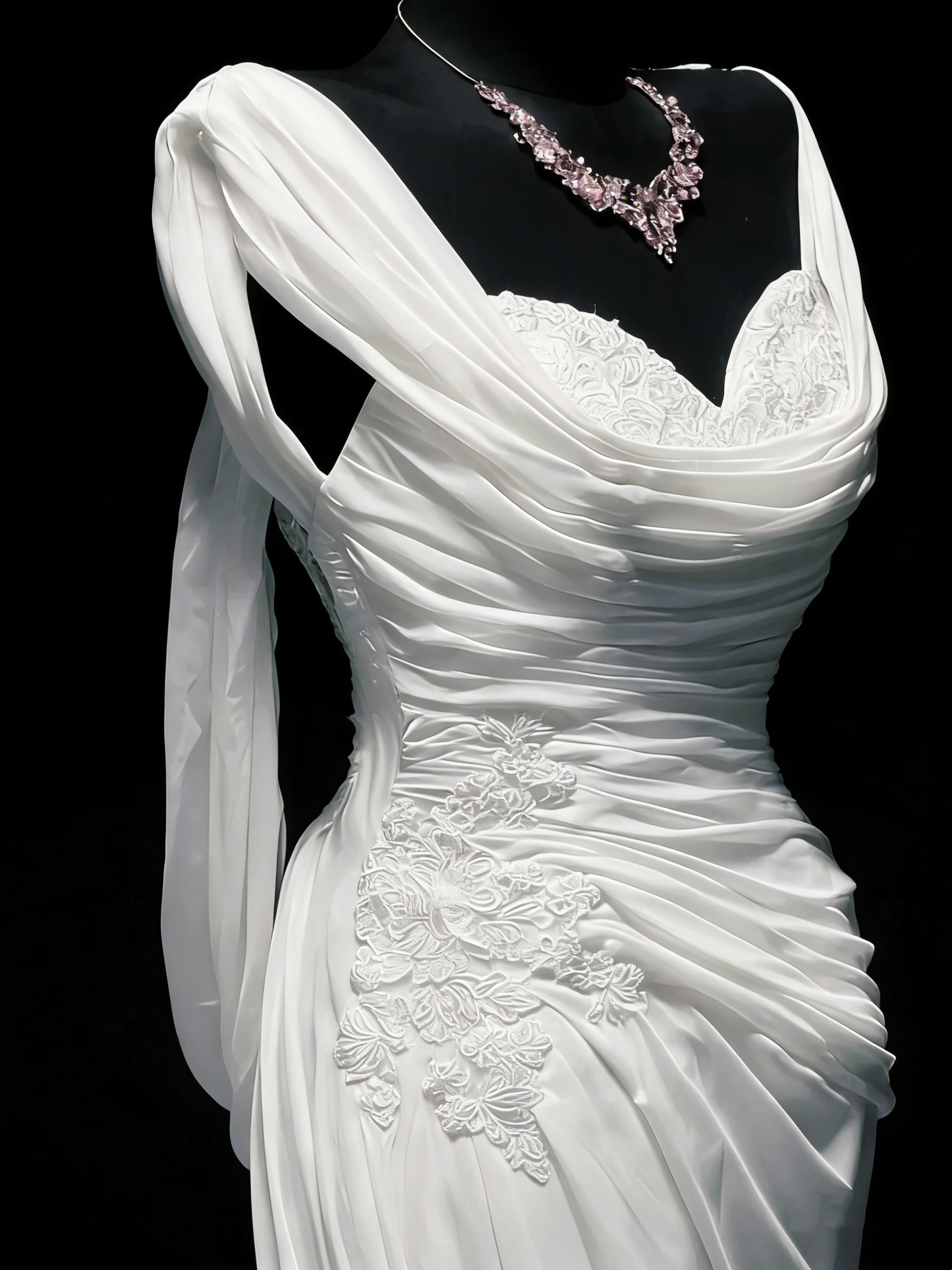Robe de mariée vintage sirène bustier cœur en mousseline blanche froncée et dentelle, longue robe de mariée cintrée N1207