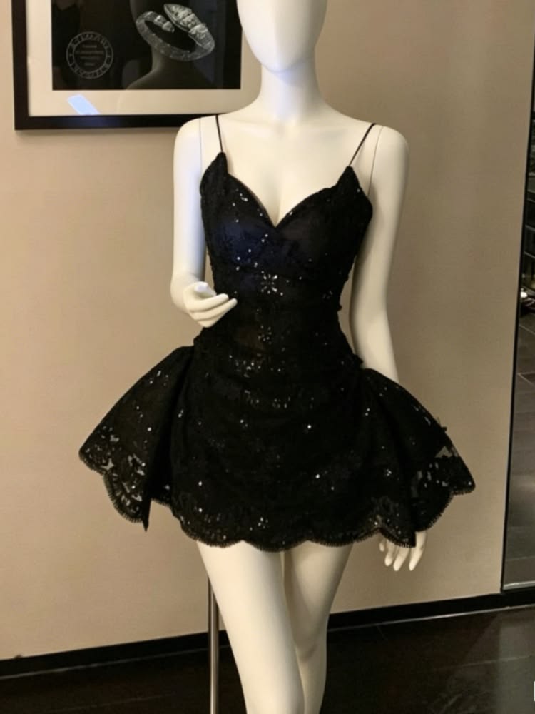Sparkly Ball Gown Spaghetti Straps Little Black Dress Short Mini Party Gown Homecoming Dresses RB4228