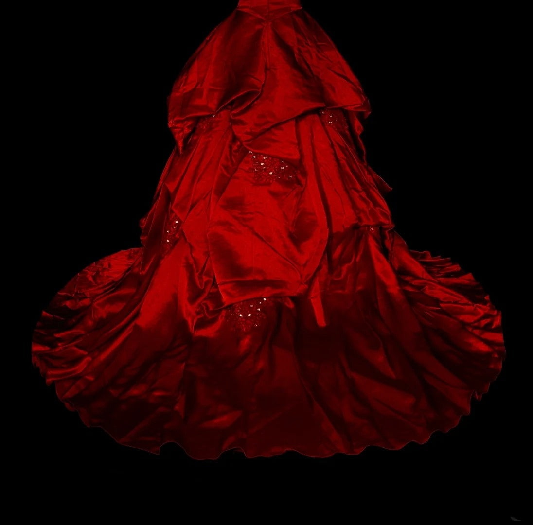 Ball Gown Spaghetti Straps Burgundy Satin Prom Dresses Evening Gown Formal Dress Vintage Party N1776