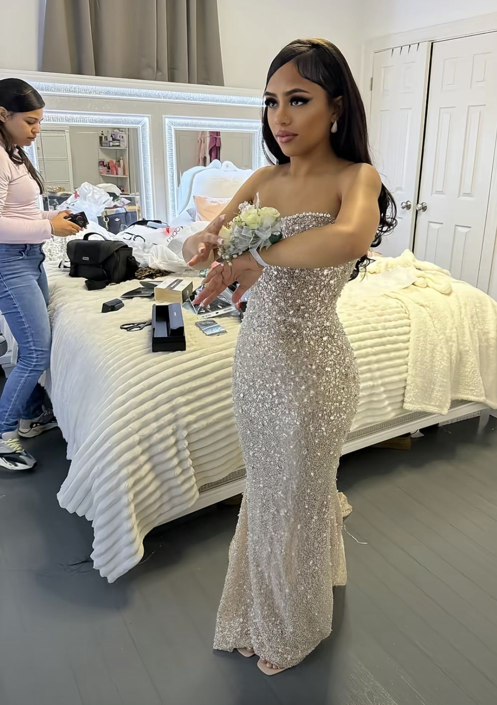Elegantes, schlichtes Ballkleid für Teenager: Meerjungfrauen-Stil, Pailletten, halbformell, lang, für Mädchen (AB2135)