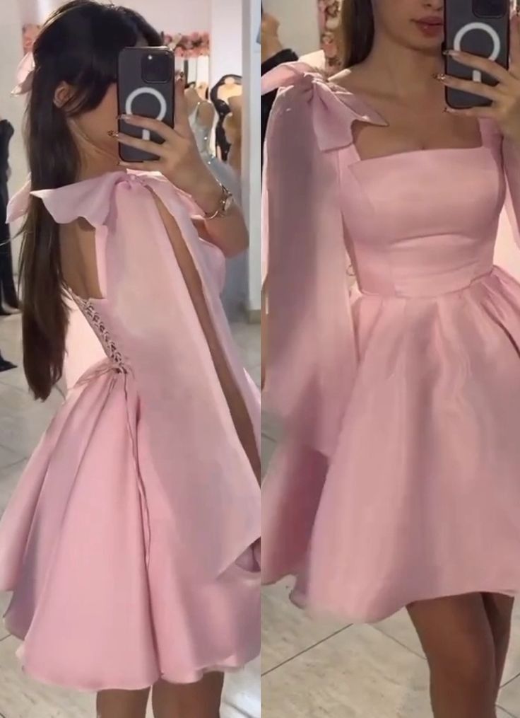 Niedliches Ballkleid mit Spaghettiträgern, Pink mit Schleife, kurzes Mini-Partykleid, Abschlussballkleid RB4230